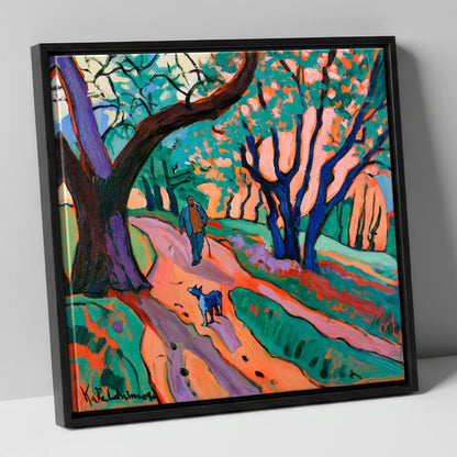 Vibrant Ambleside Woodland Dog Walk gifts for dog walkers canvas wall art in black frame