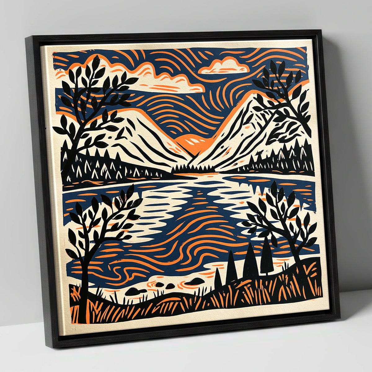 Lake Reflections in Navy and Orange lake district lake canvas wall art in black frame