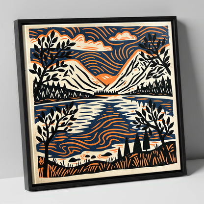 Lake Reflections in Navy and Orange lake district lake canvas wall art in black frame