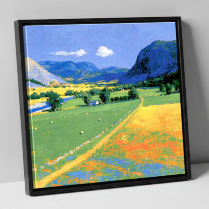 Vibrant Valley beneath Blue Fells lake district valley canvas wall art in black frame