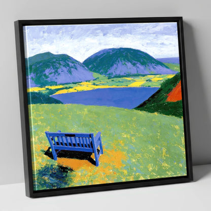 Blue Bench Above Loweswater lake district lake canvas wall art in black frame