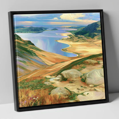 Vibrant Summit View over Water lake district fell canvas wall art in black frame