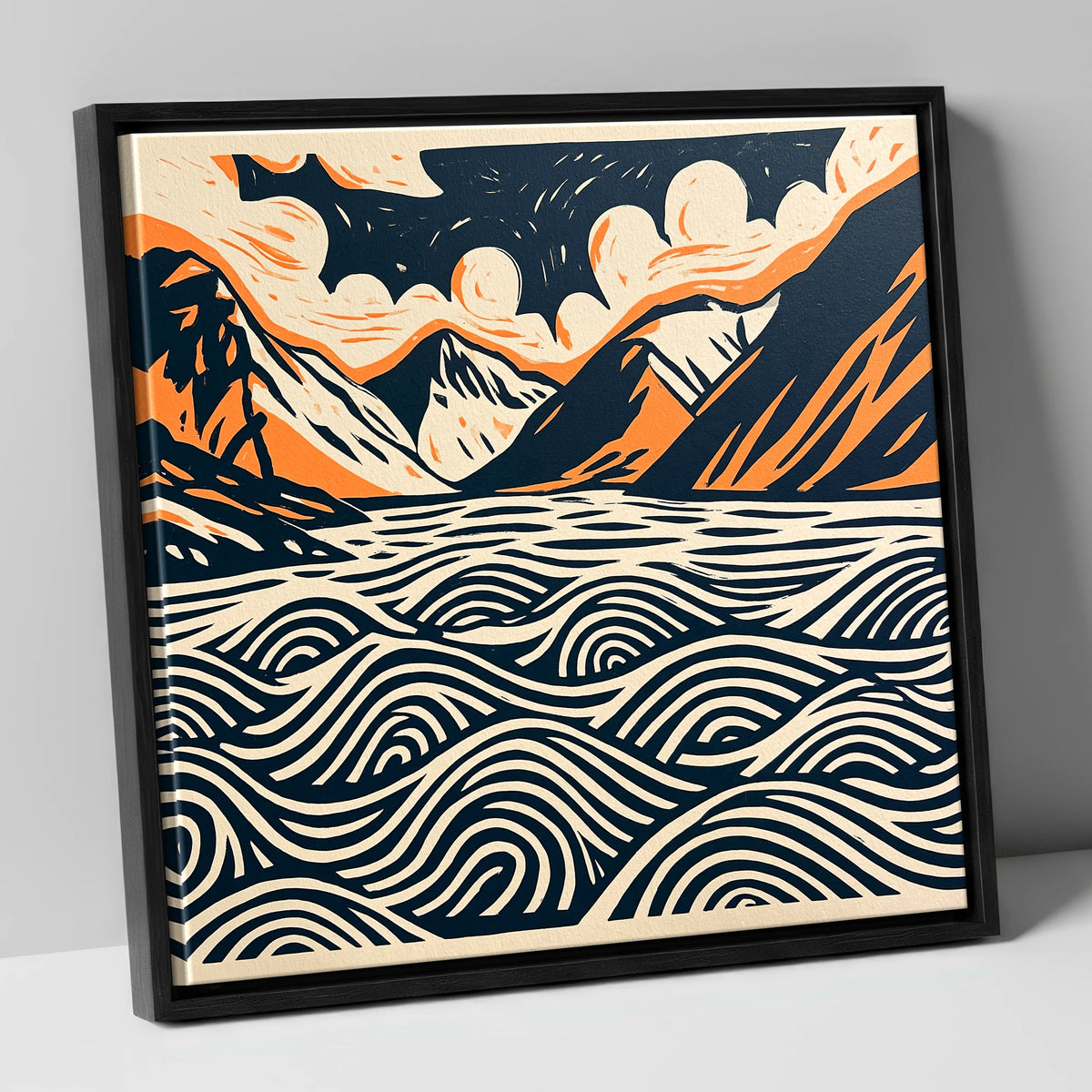 Wastwater in Navy and Terracotta lake district lake canvas wall art in black frame