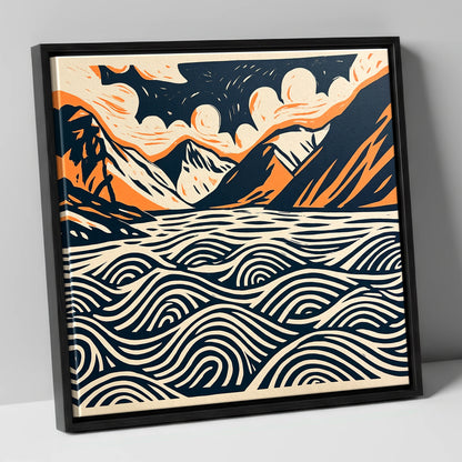 Wastwater in Navy and Terracotta lake district lake canvas wall art in black frame