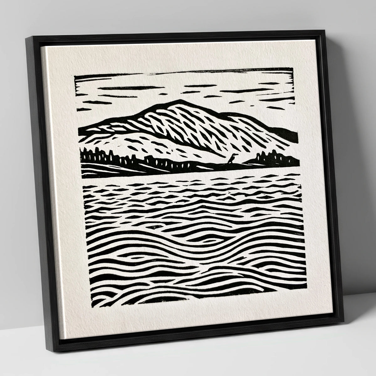 Coniston Water Monochrome Waves lake district lake canvas wall art in black frame
