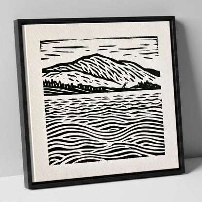 Coniston Water Monochrome Waves lake district lake canvas wall art in black frame