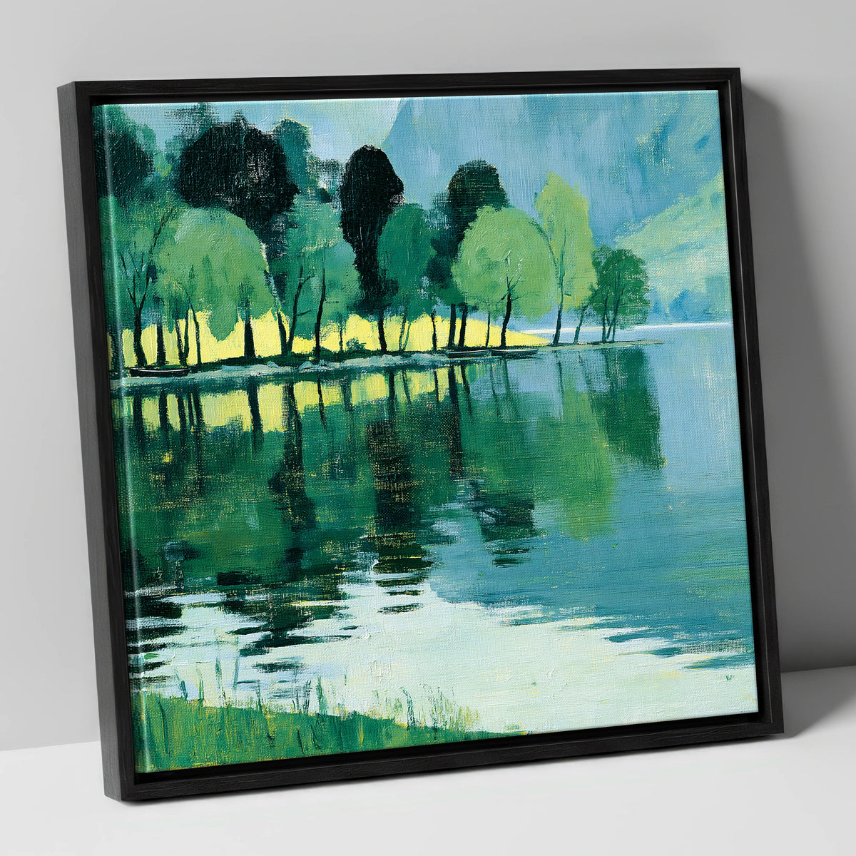 Still Lake Reflections at Dawn lake district lake canvas wall art in black frame