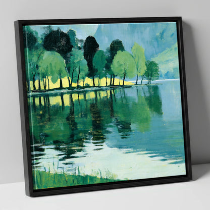 Still Lake Reflections at Dawn lake district lake canvas wall art in black frame