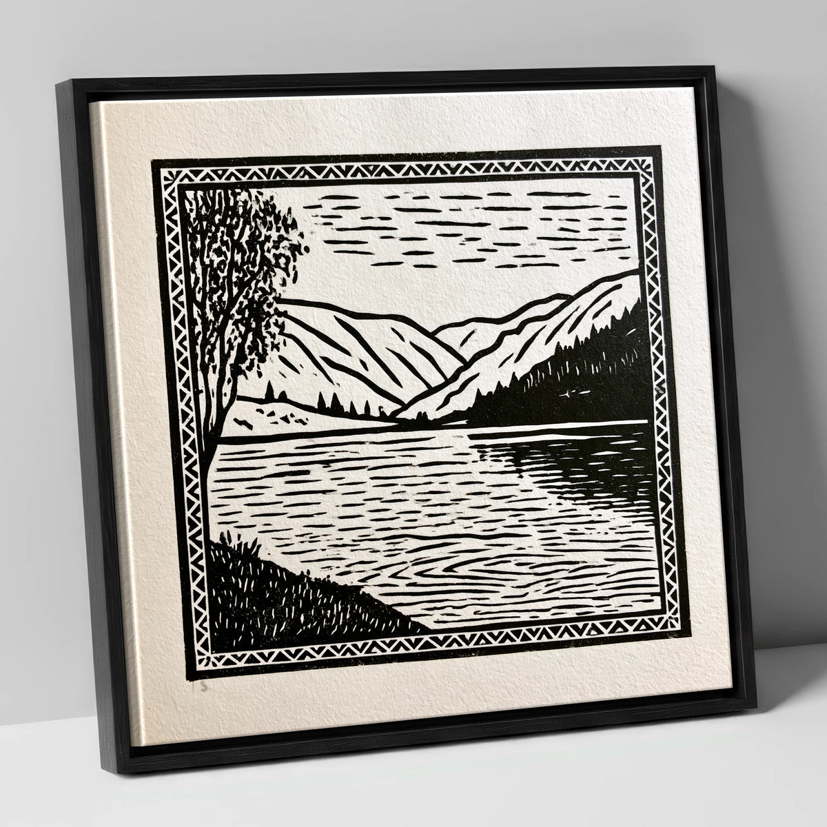 Monochrome Lake at Dawn lake district lake canvas wall art in black frame
