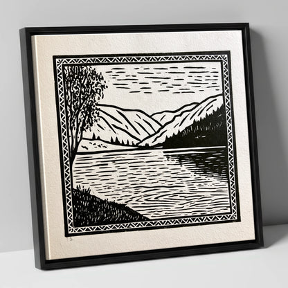Monochrome Lake at Dawn lake district lake canvas wall art in black frame