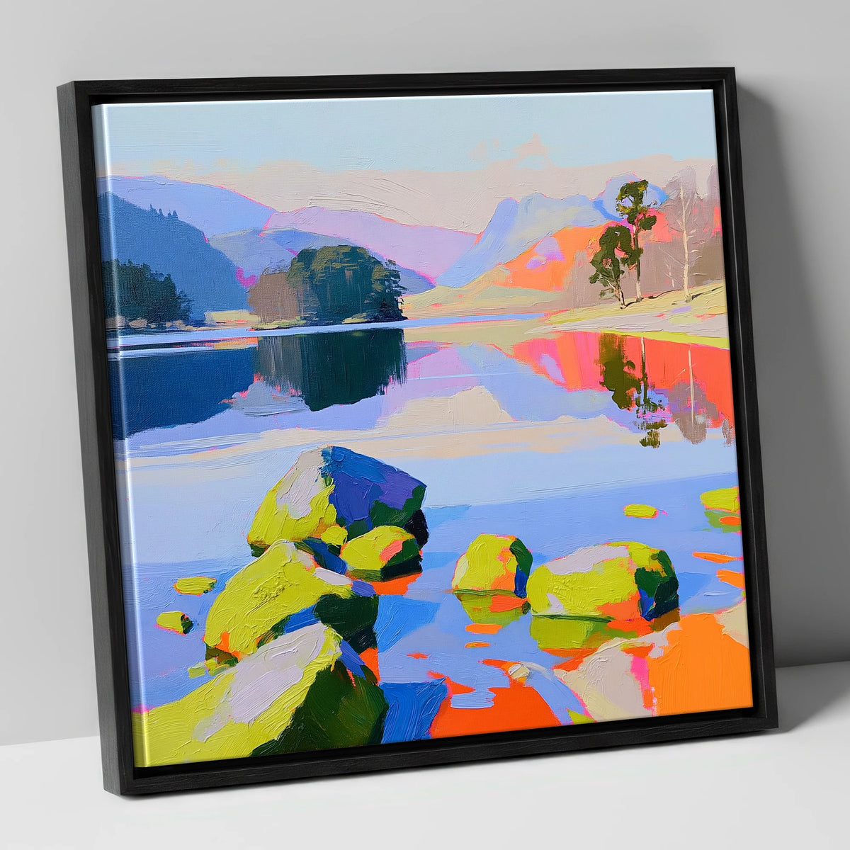 Colourful Rydal Water Boulders lake district lake canvas wall art in black frame