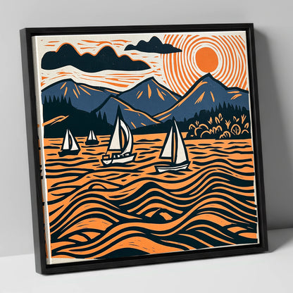Derwentwater Sailboats Under Radiating Sun lake district lake canvas wall art in black frame