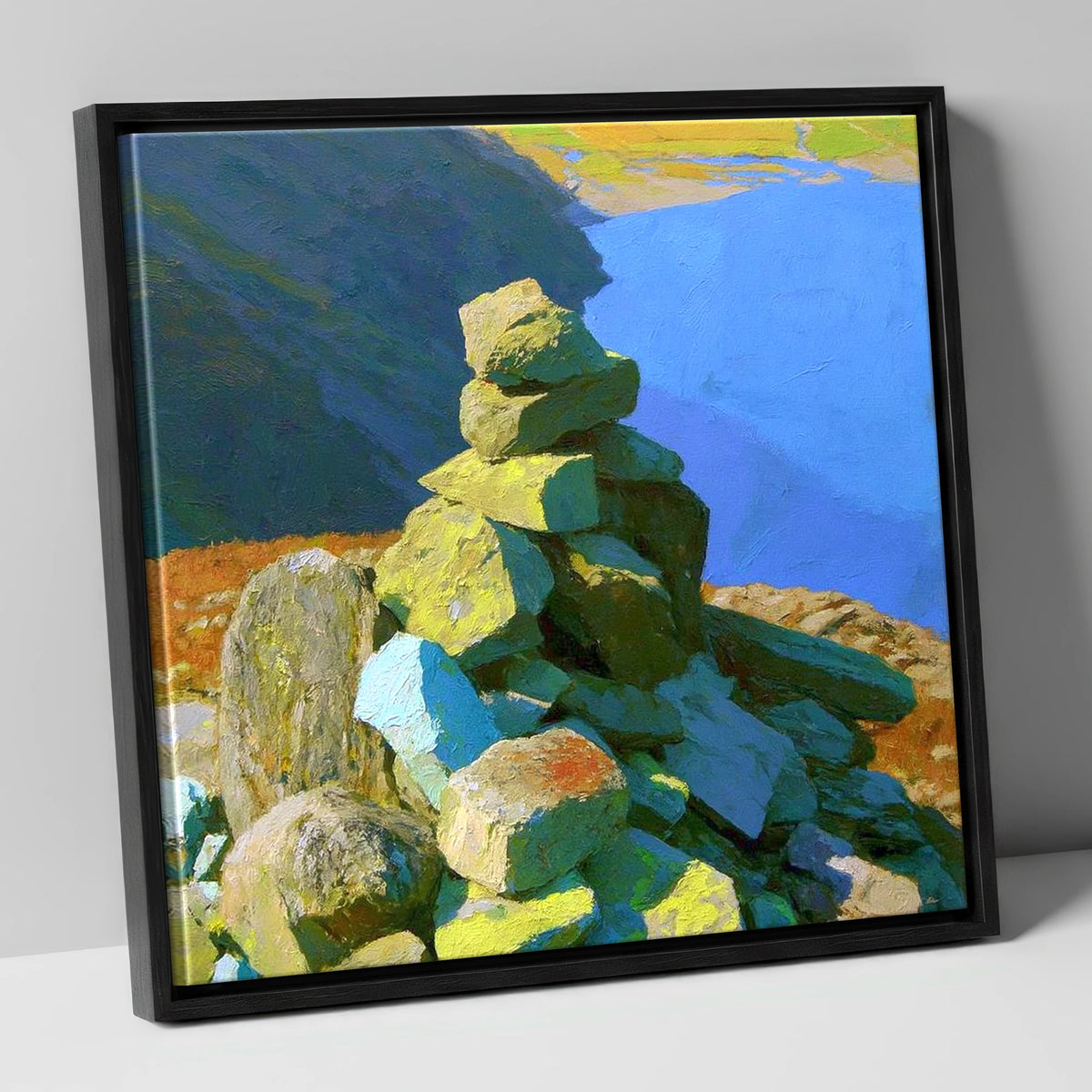 Sunlit Calf Crag Stone Cairn lake district fell canvas wall art in black frame