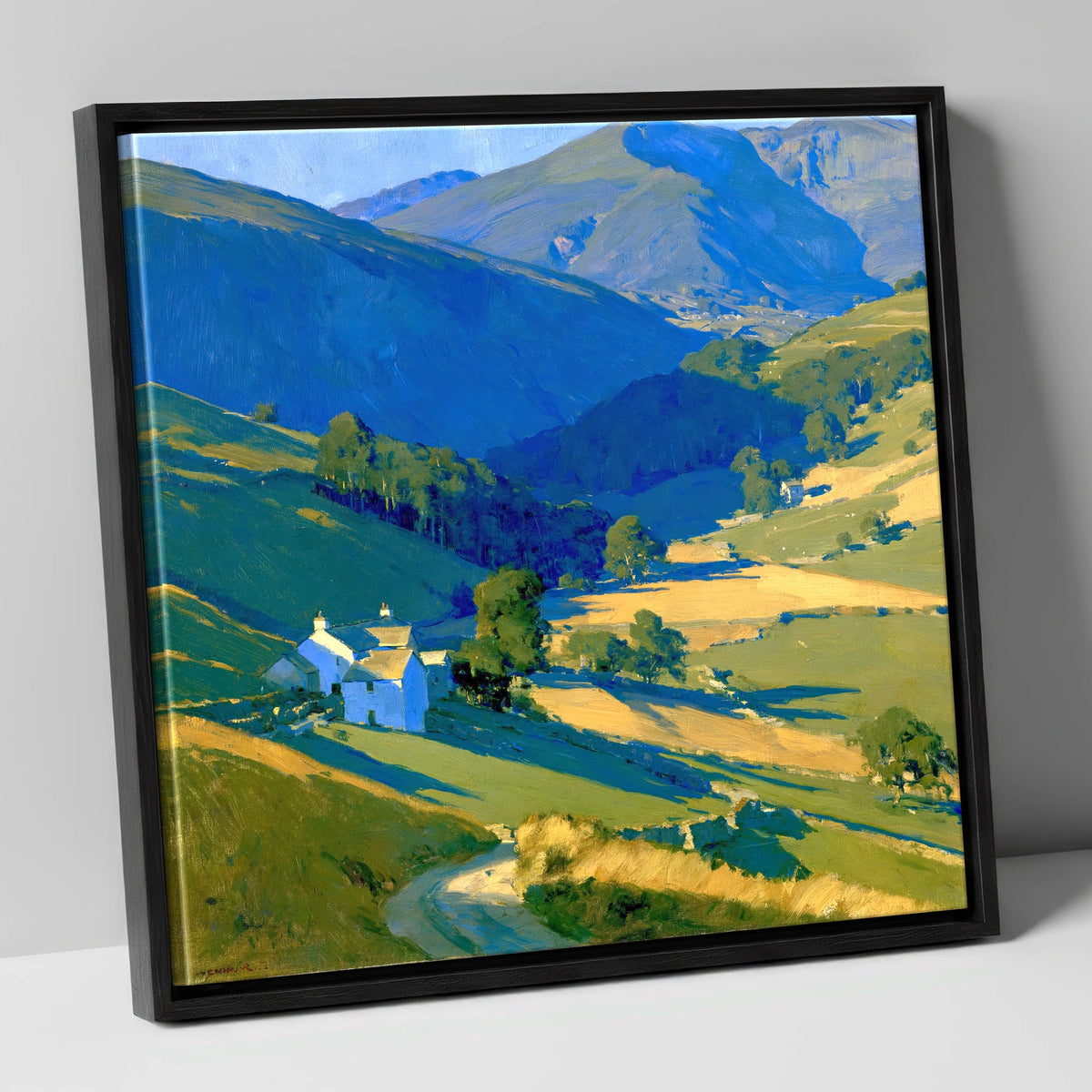 Valley Farm in Evening Light lake district sky canvas wall art in black frame