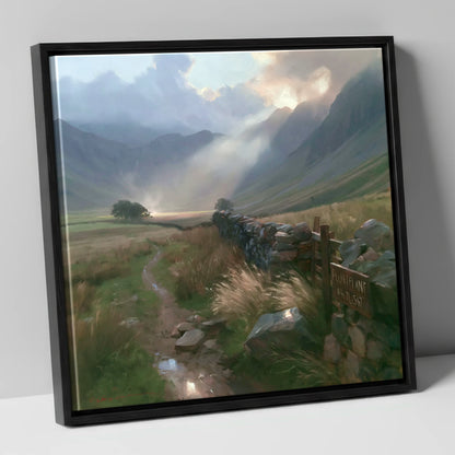 Valley Drystone Wall Under Sunburst lake district valley canvas wall art in black frame