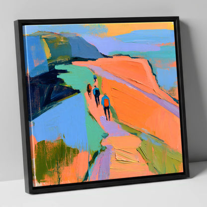 Walkers on Bright Mountain Path lake district walking canvas wall art in black frame