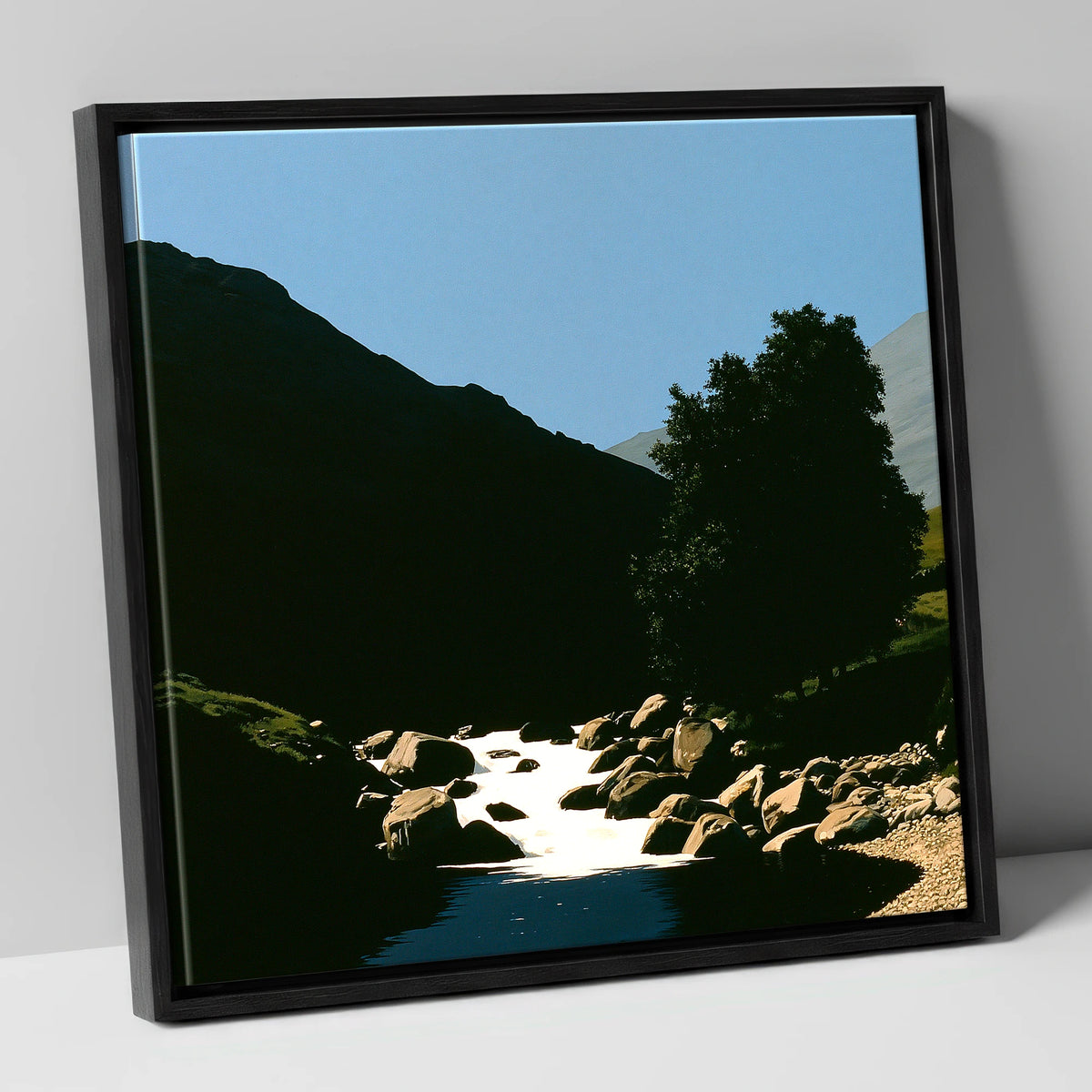 Sunlit Beck Beneath Dark Fell lake district waterfall canvas wall art in black frame