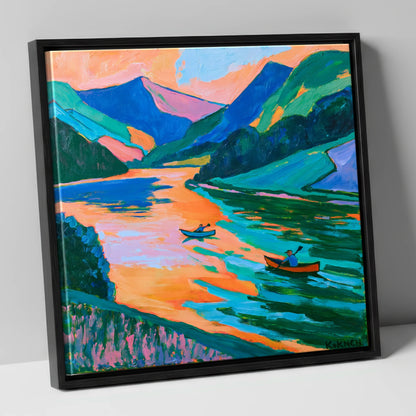 Lake Kayaking in Vivid Colour lake district walking canvas wall art in black frame