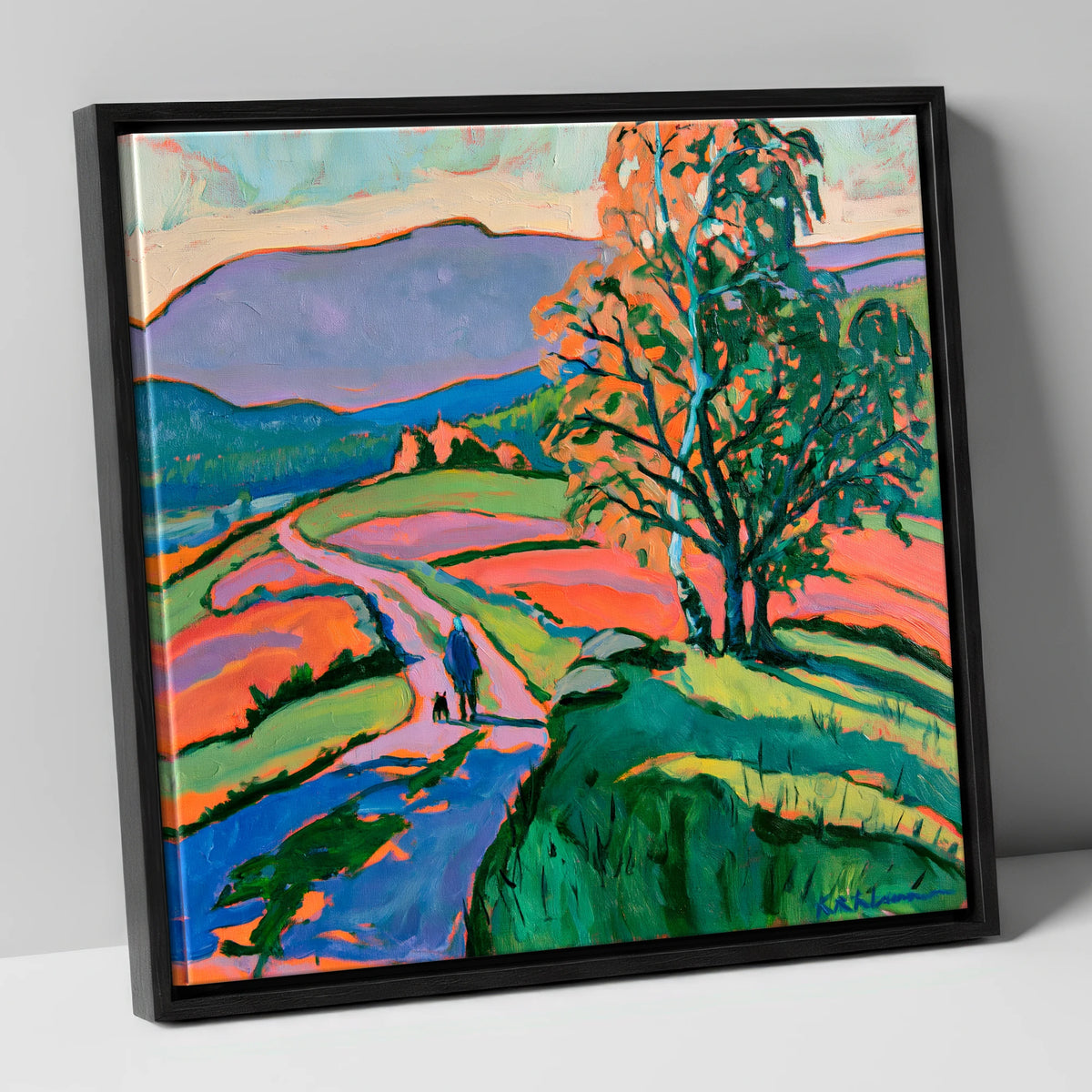 Hawkshead Fells with Dog Walker gifts for dog walkers canvas wall art in black frame