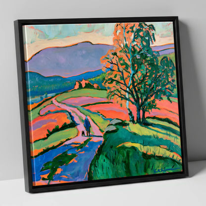 Hawkshead Fells with Dog Walker gifts for dog walkers canvas wall art in black frame