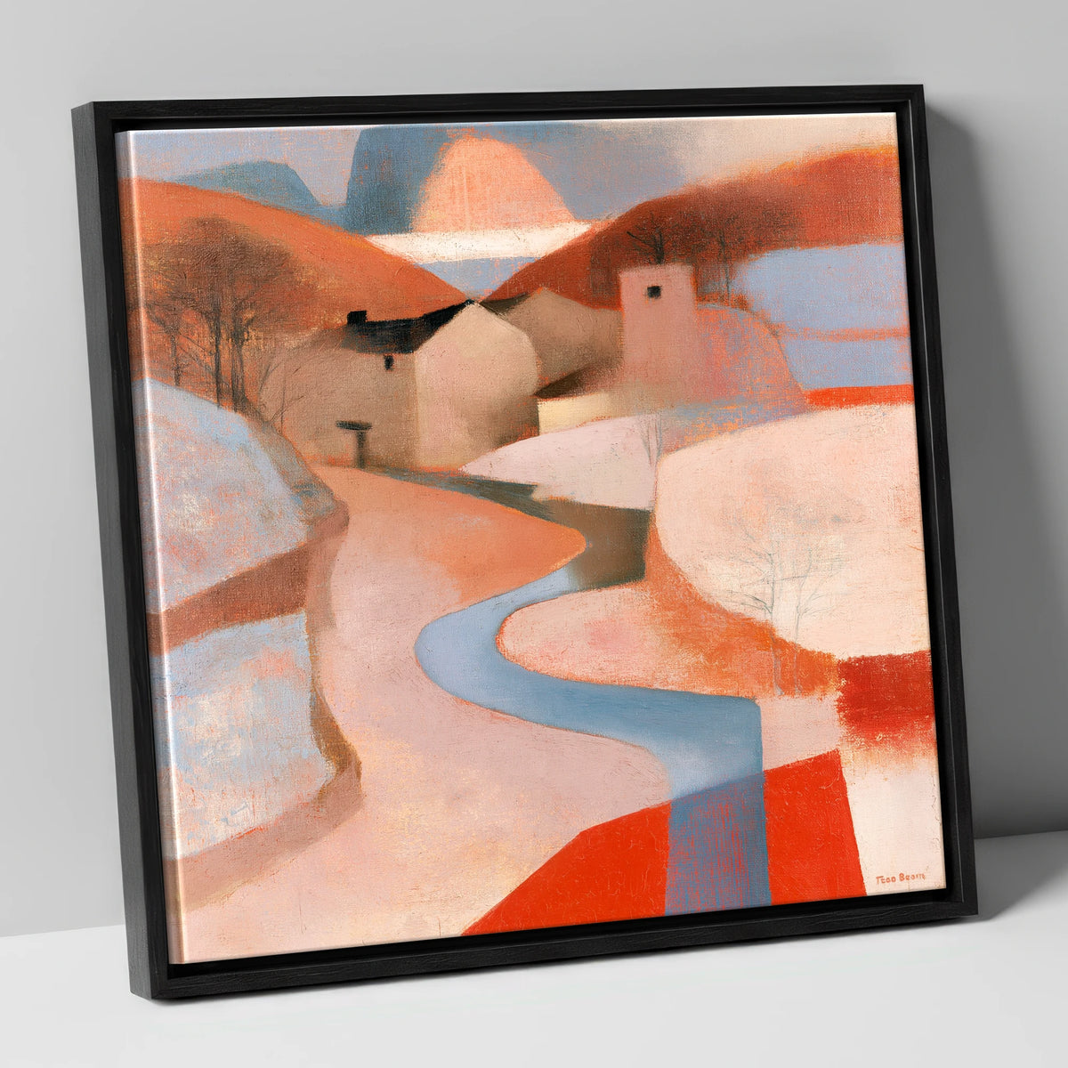 Terracotta Winding River Valley lake district waterfall canvas wall art in black frame