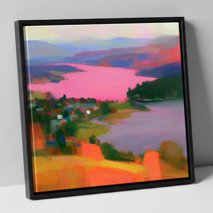 Ambleside Over Pink Waters lake district village canvas wall art in black frame