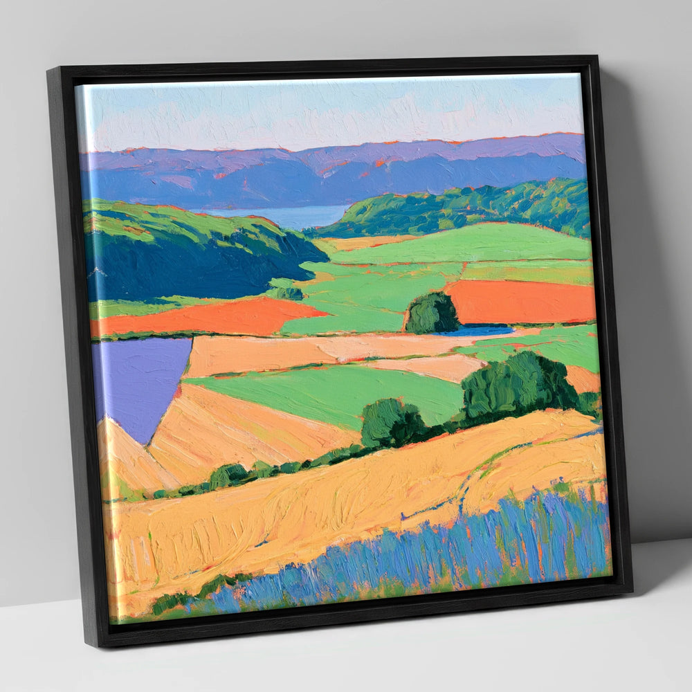 Luminous Patchwork Dale Fields lake district valley canvas wall art in black frame