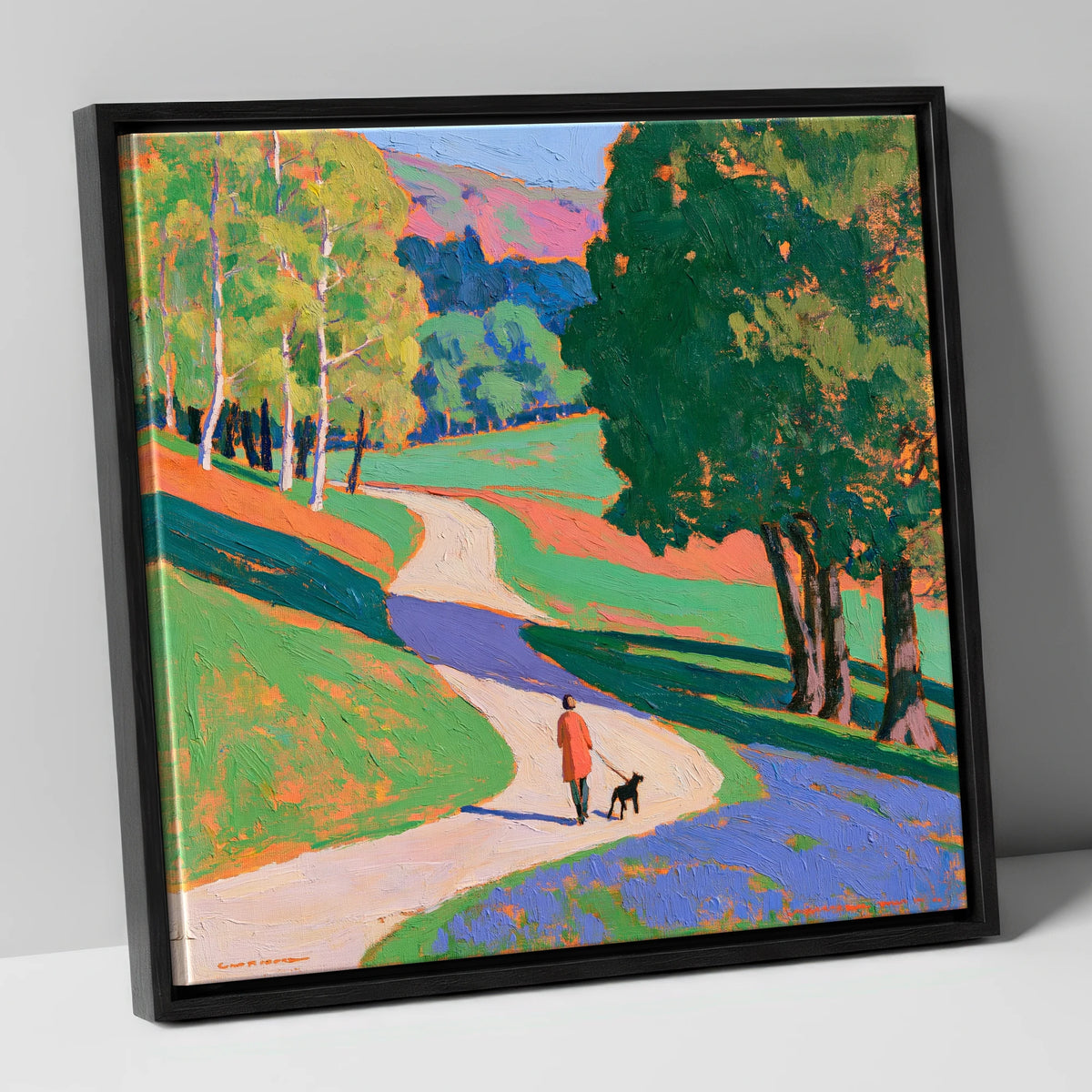 Vibrant Grasmere Dog Walk gifts for dog walkers canvas wall art in black frame