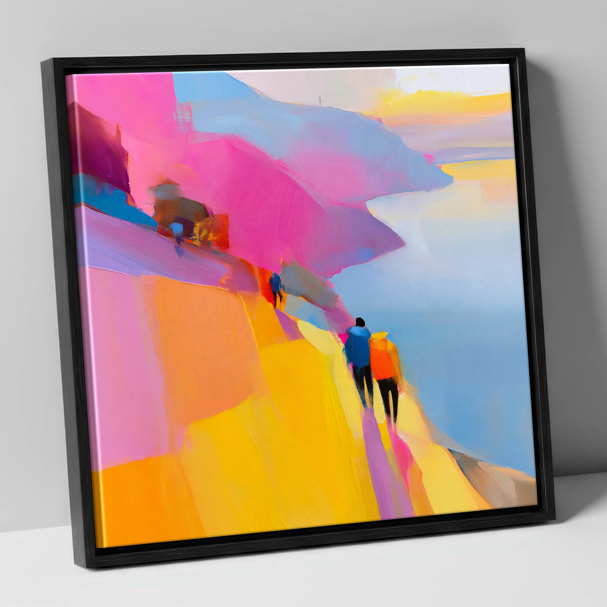 Bright Lakeside Mountain Path lake district walking canvas wall art in black frame