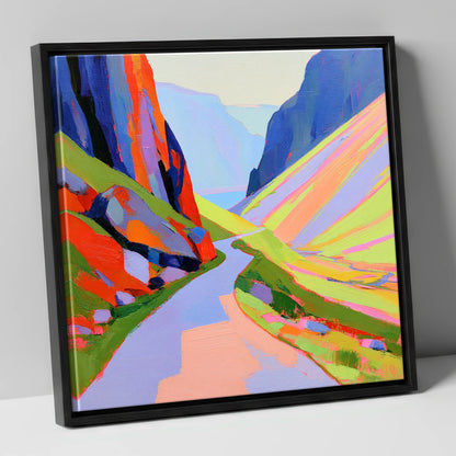 Winding Pass in Bold Hues lake district valley canvas wall art in black frame