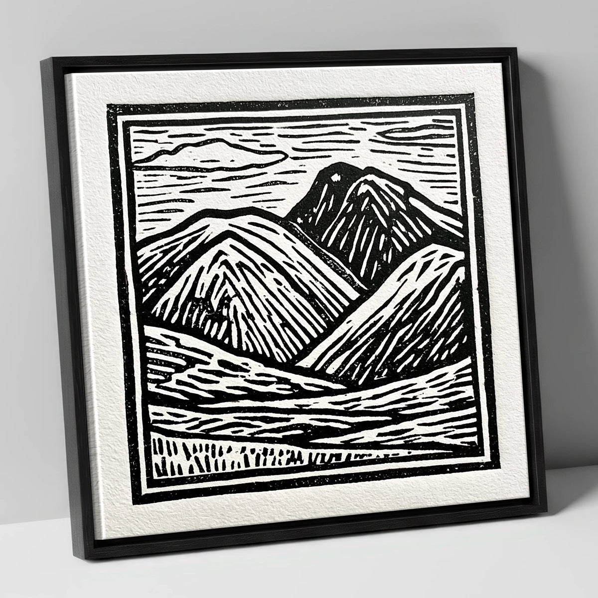 Bowfell in Stark Black and White lake district fell canvas wall art in black frame