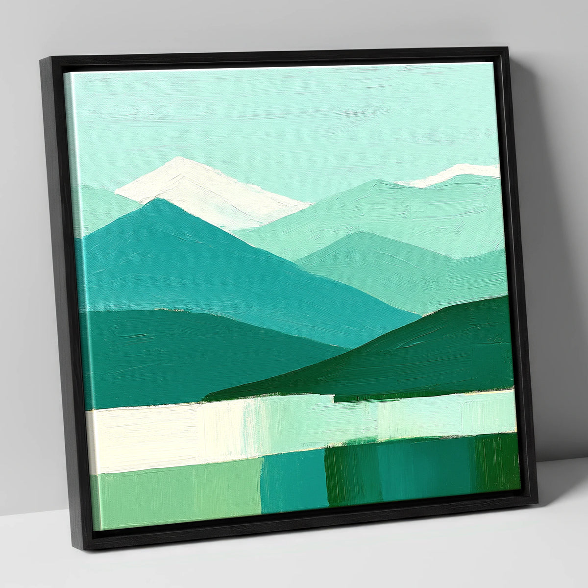 Abstract Teal Scafell Pike lake district fell canvas wall art in black frame