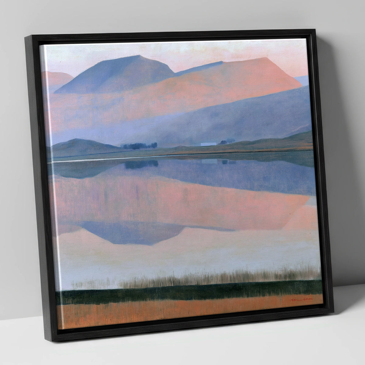 Pastel Fells and Lake Reflection lake district lake canvas wall art in black frame