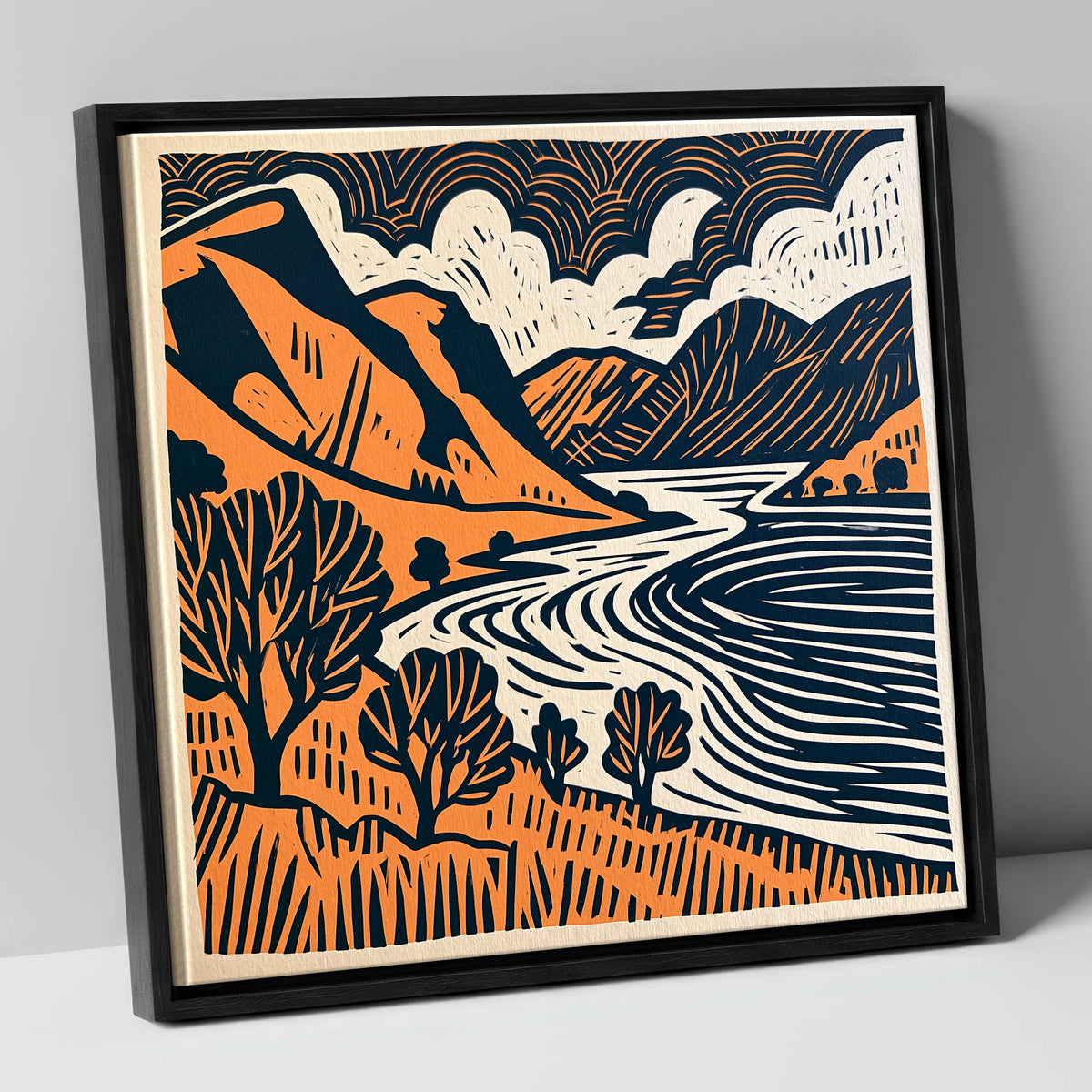 Rhythmic Ullswater Fells and Water lake district lake canvas wall art in black frame