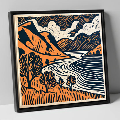 Rhythmic Ullswater Fells and Water lake district lake canvas wall art in black frame