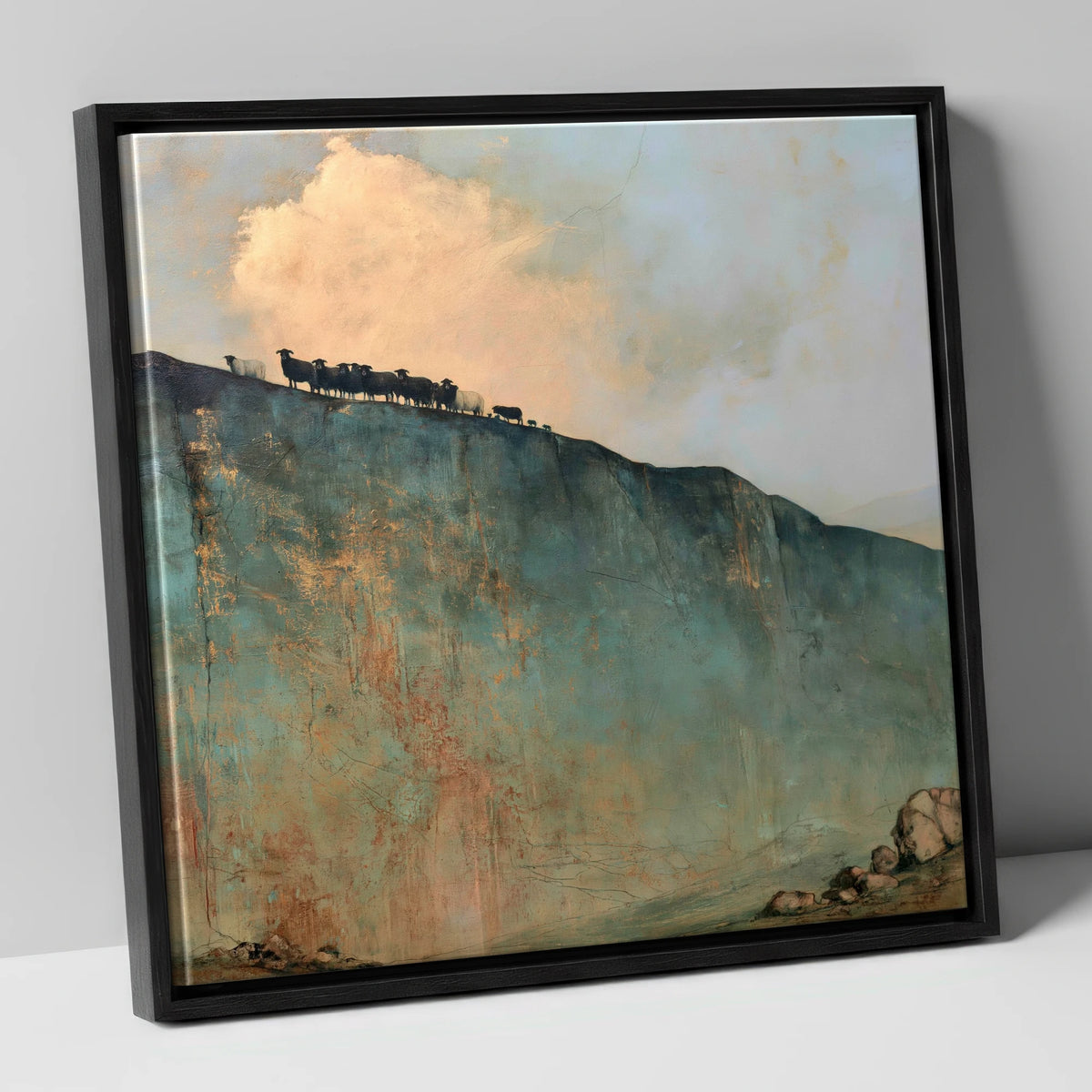 Herdwicks on a Fell Skyline lake district wildlife canvas wall art in black frame