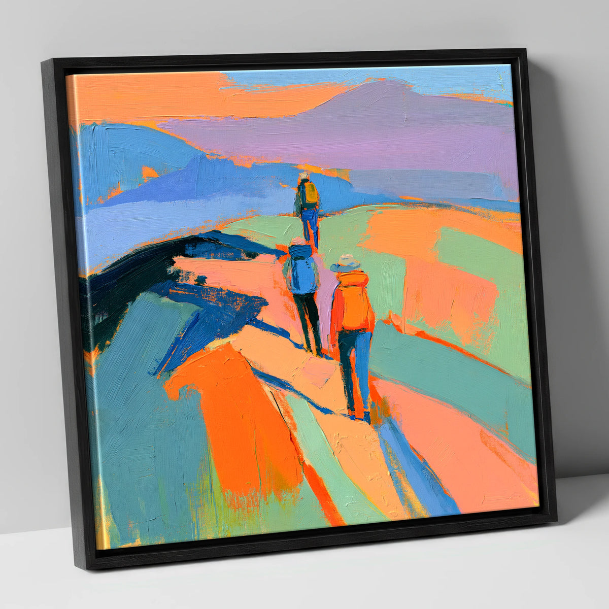 Vivid Hikers on a Fell Ridge lake district fell canvas wall art in black frame