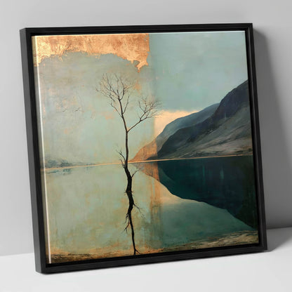 Buttermere Tree with Golden Sky lake district lake canvas wall art in black frame
