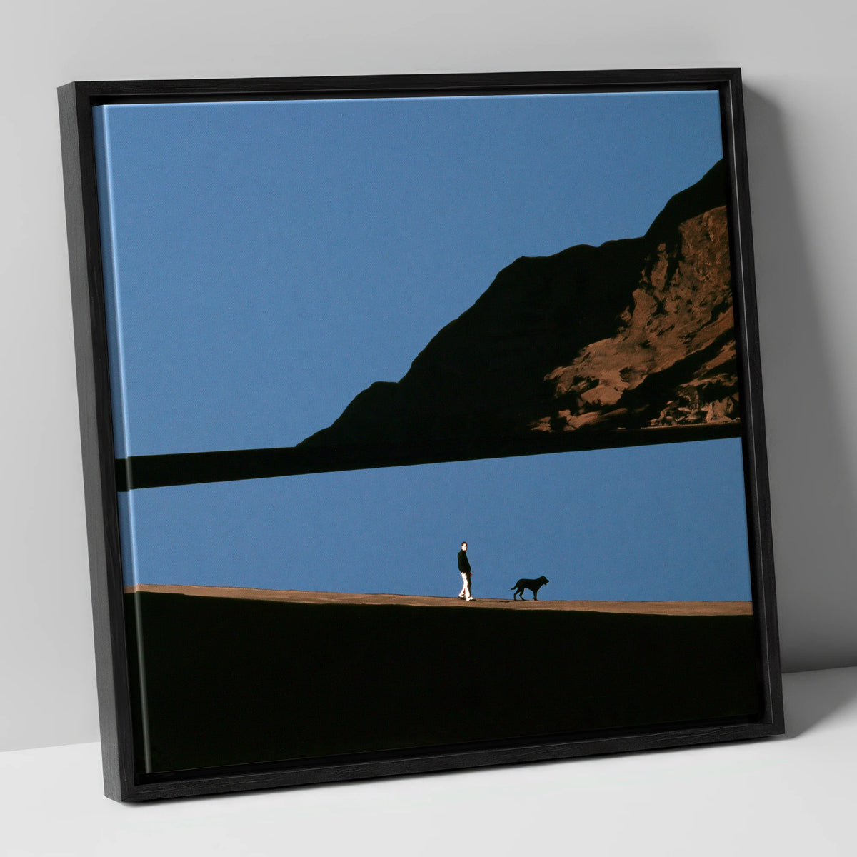 Silhouetted Dog Walker at Ennerdale Water gifts for dog walkers canvas wall art in black frame