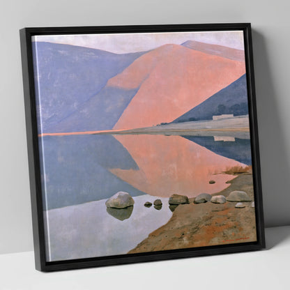 Still Lake beneath Dusk Pink Fells lake district lake canvas wall art in black frame