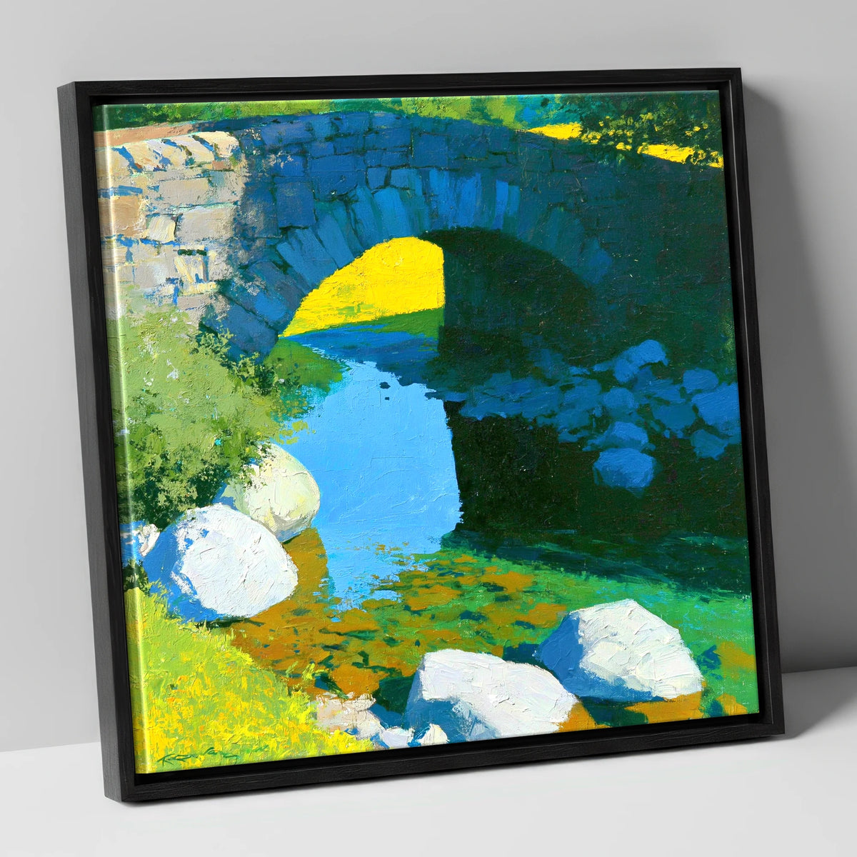 Vibrant Stone Bridge over Sunlit Beck lake district waterfall canvas wall art in black frame