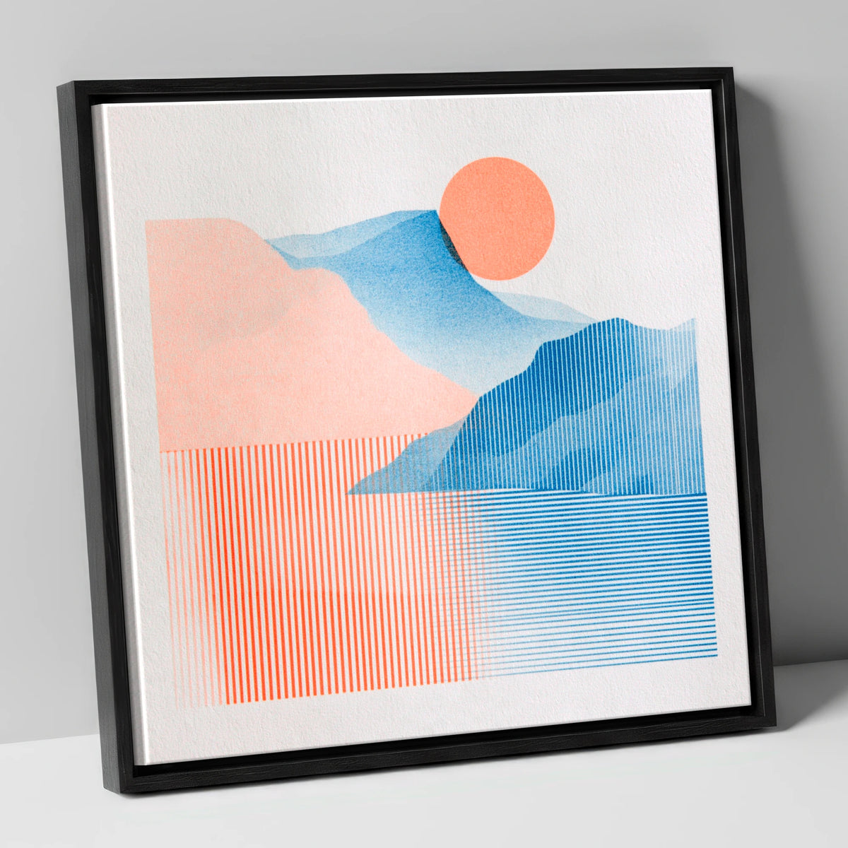 Geometric Derwentwater Sunrise lake district lake canvas wall art in black frame