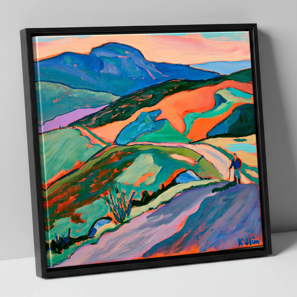 Lone Hiker on Colourful Fells lake district walking canvas wall art in black frame