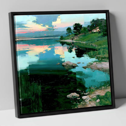 Pink Dawn Over Turquoise Lake lake district lake canvas wall art in black frame