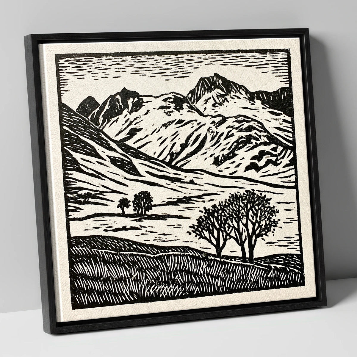 Monochrome Great Langdale Fells lake district valley canvas wall art in black frame