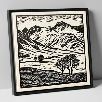Monochrome Great Langdale Fells lake district valley canvas wall art in black frame