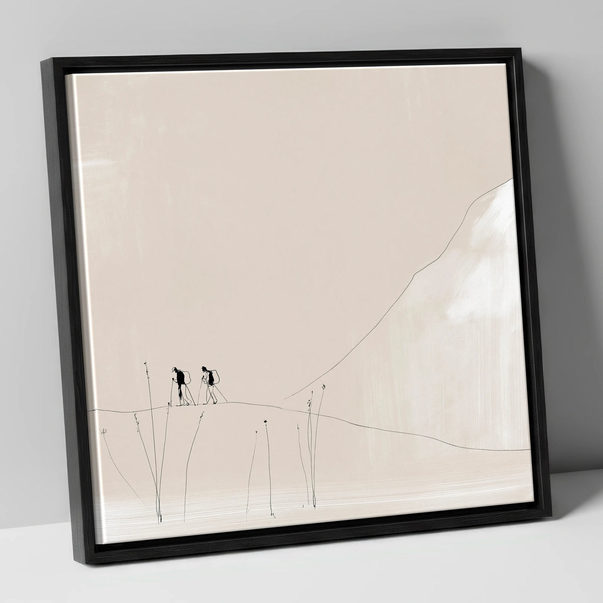 Walkers on a Minimalist Fell lake district walking canvas wall art in black frame