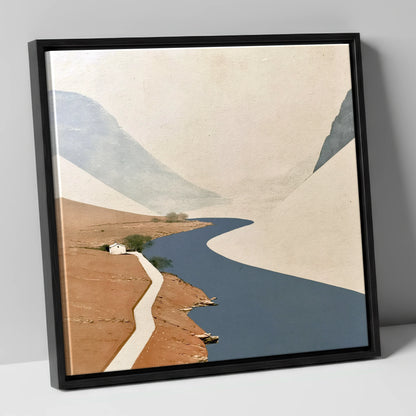 Winding Blue Lake and White Cottage lake district lake canvas wall art in black frame