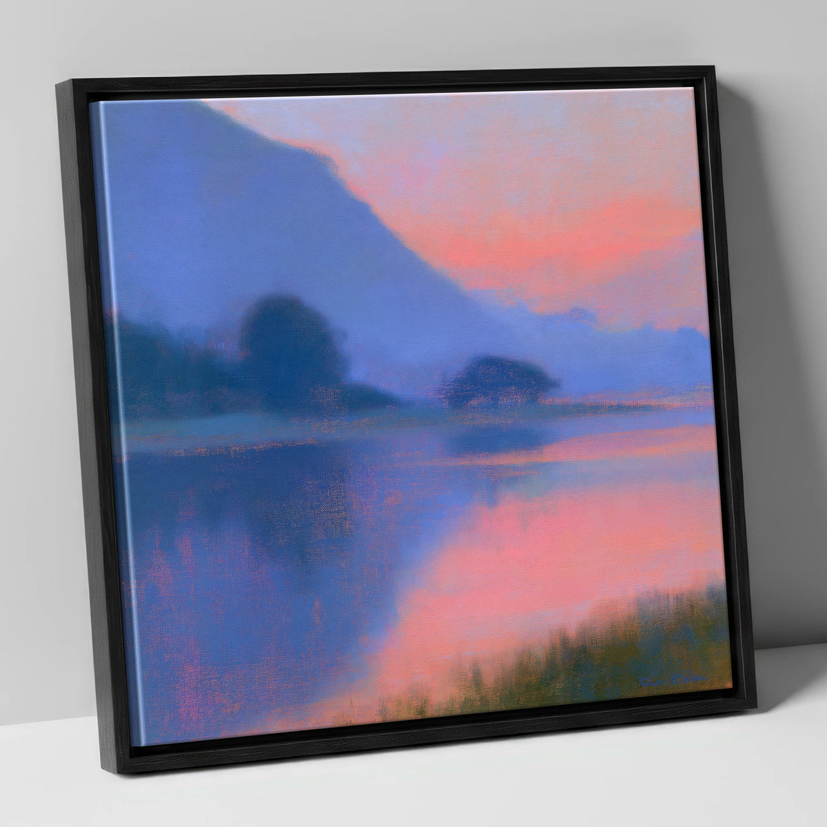 Lake Reflections in Pink Twilight lake district lake canvas wall art in black frame
