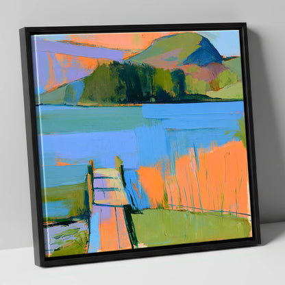 Vibrant Grasmere Wooden Jetty lake district lake canvas wall art in black frame